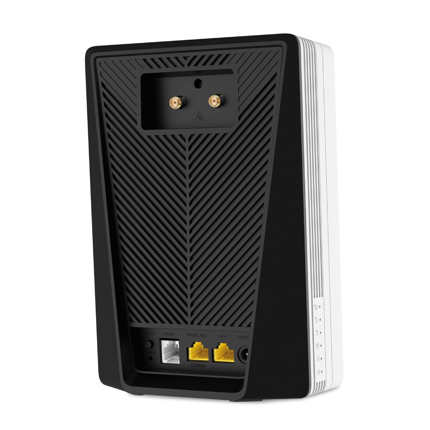 Parte trasera de un router negro con puertos: alimentación, LAN, WAN y teléfono.