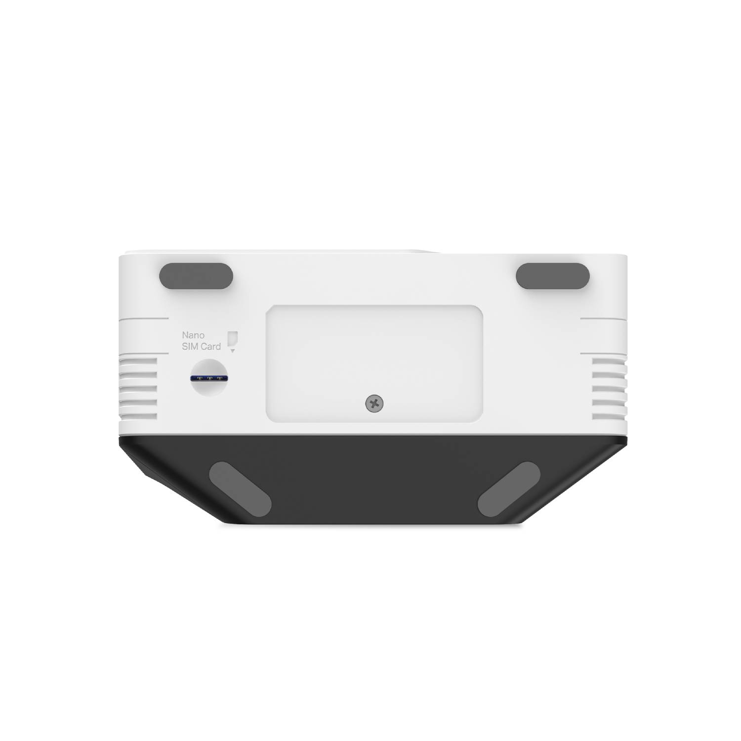Vista inferior de un dispositivo blanco con base negra y ranura para tarjeta Nano SIM.