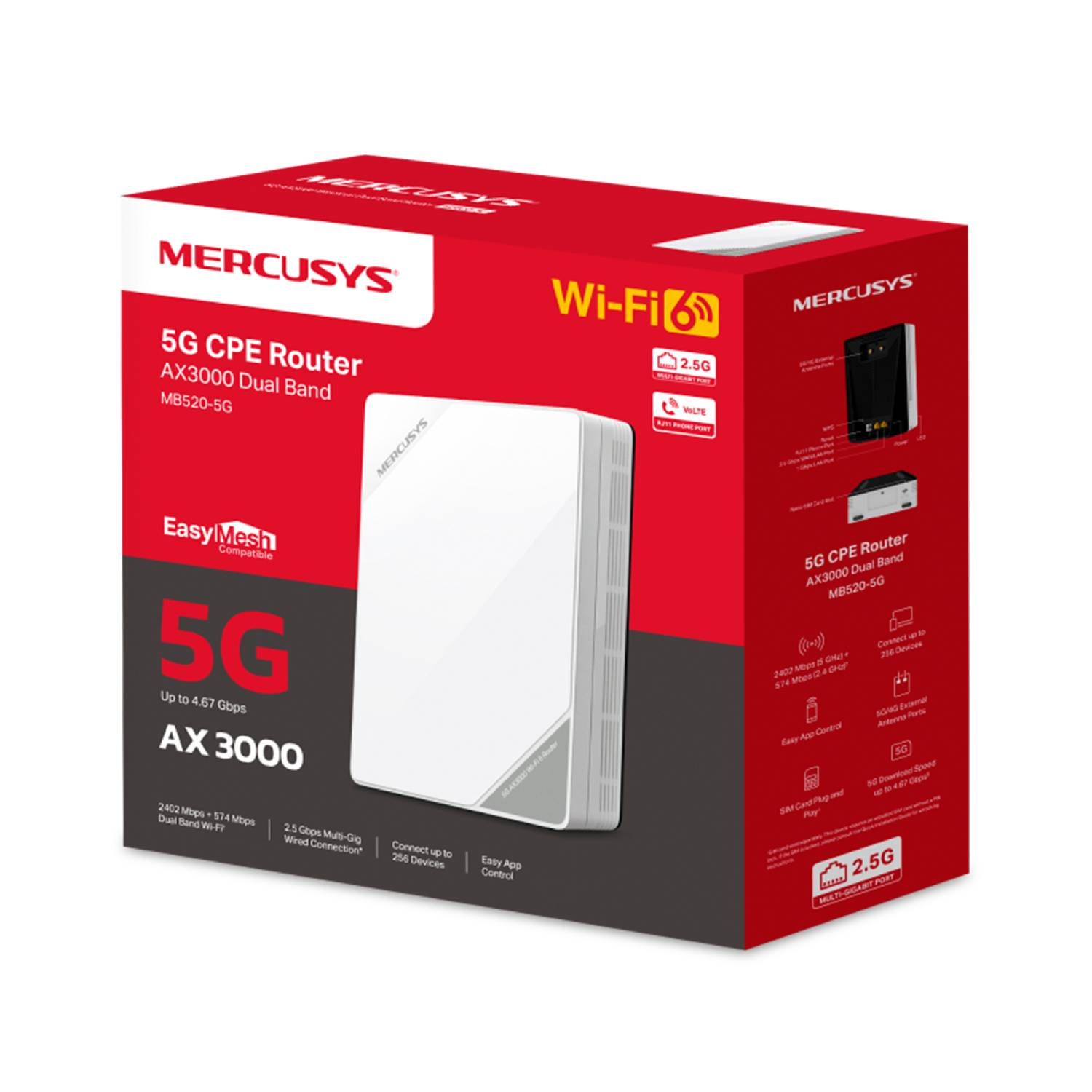 Embalaje del router Mercusys 5G CPE AX3000 Dual Band MB520-5G.