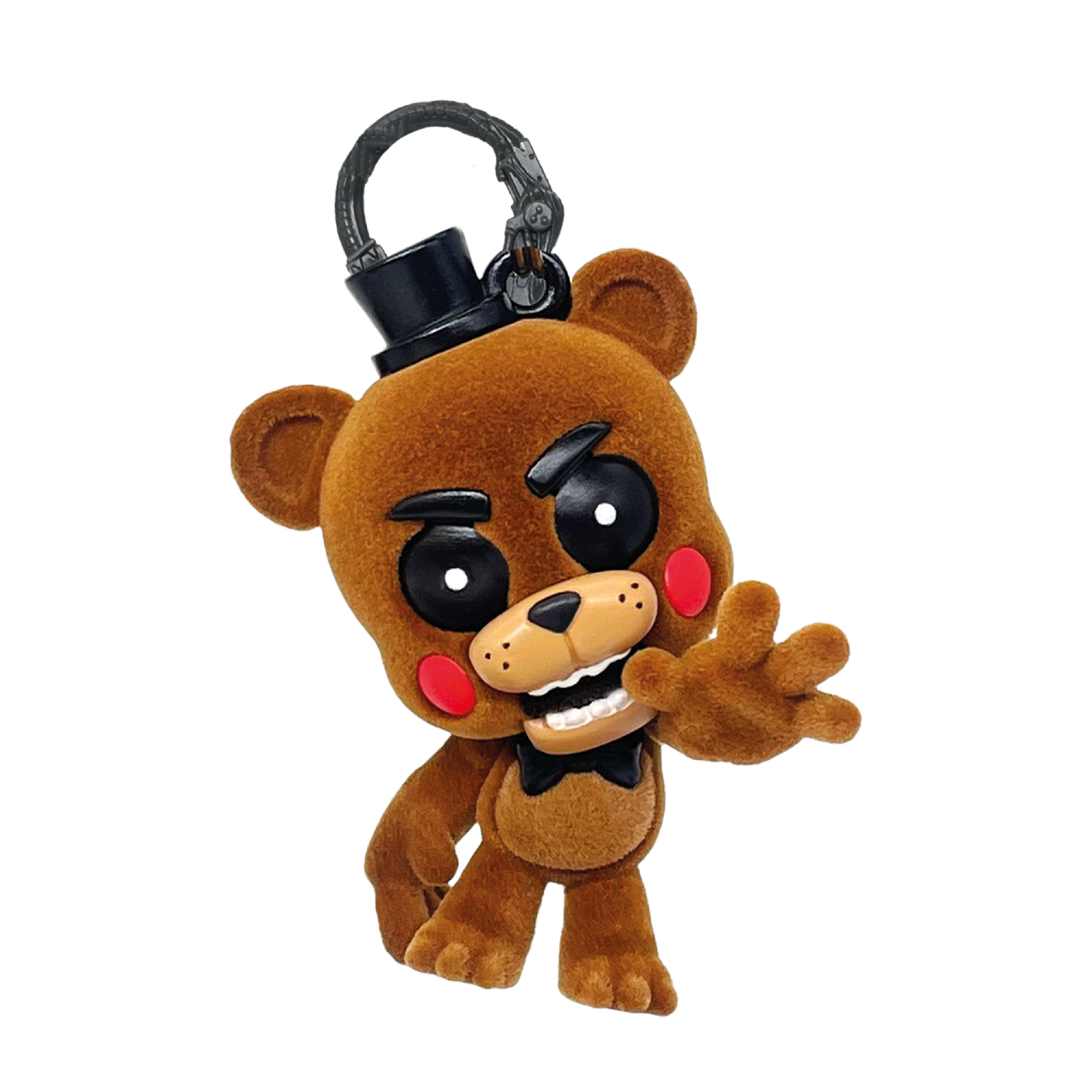 Un llavero de oso de peluche marrón con sombrero de copa negro.