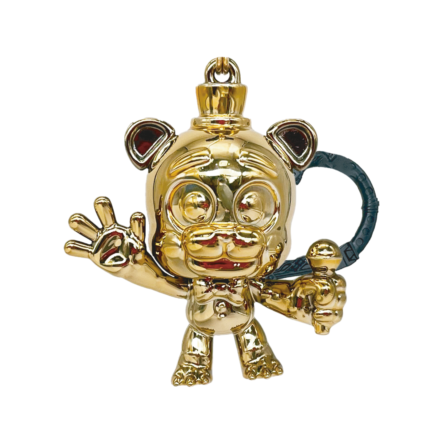 Colgante de oso dorado con micrófono, saludando con pajarita roja.
