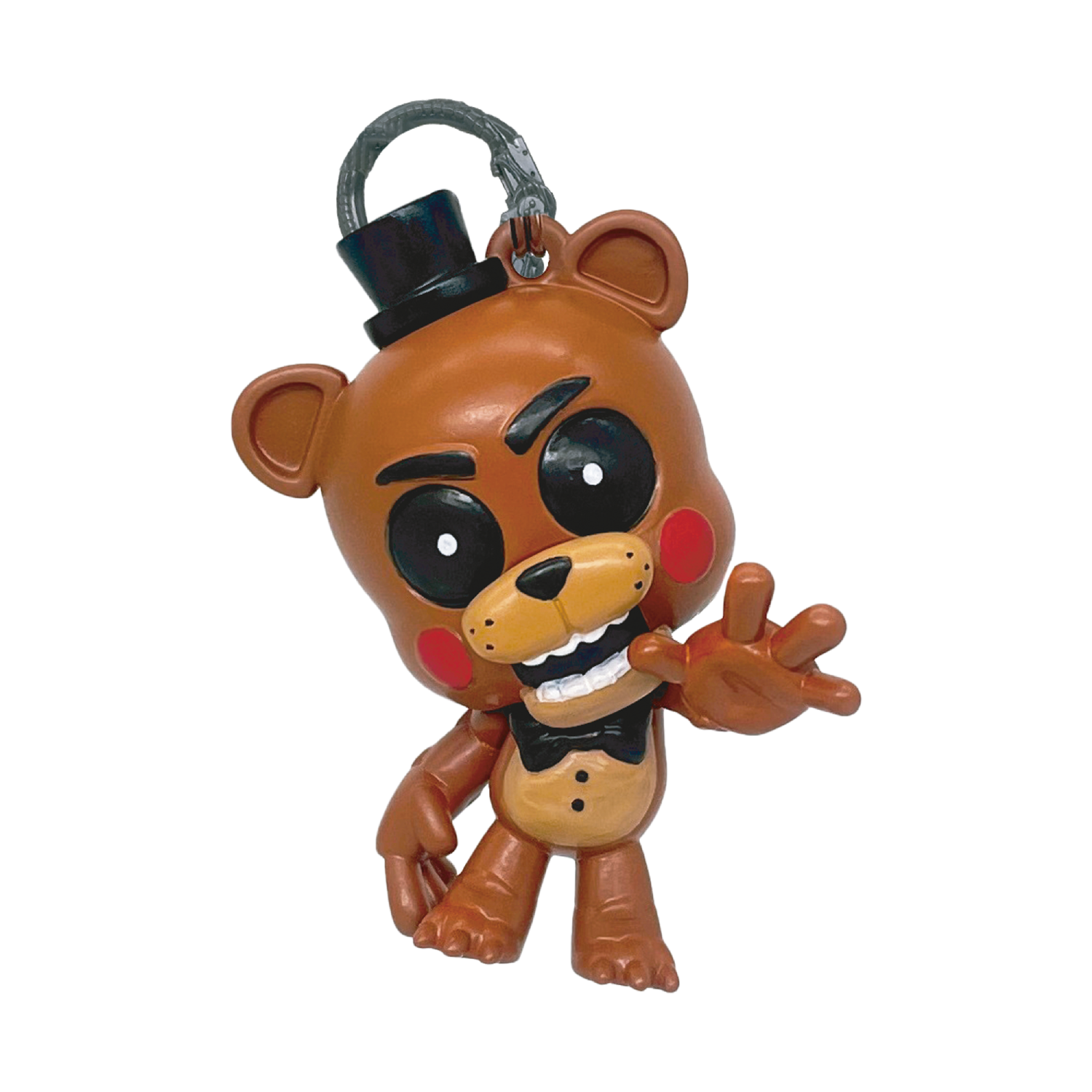 Una figura de oso marrón con sombrero de copa, pajarita y mejillas rojas.