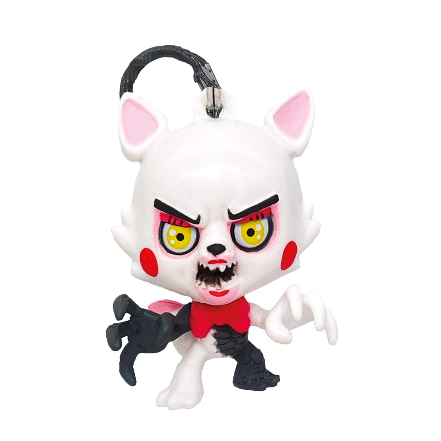 Una figurita blanca con mejillas rojas, ojos amarillos y pajarita roja.