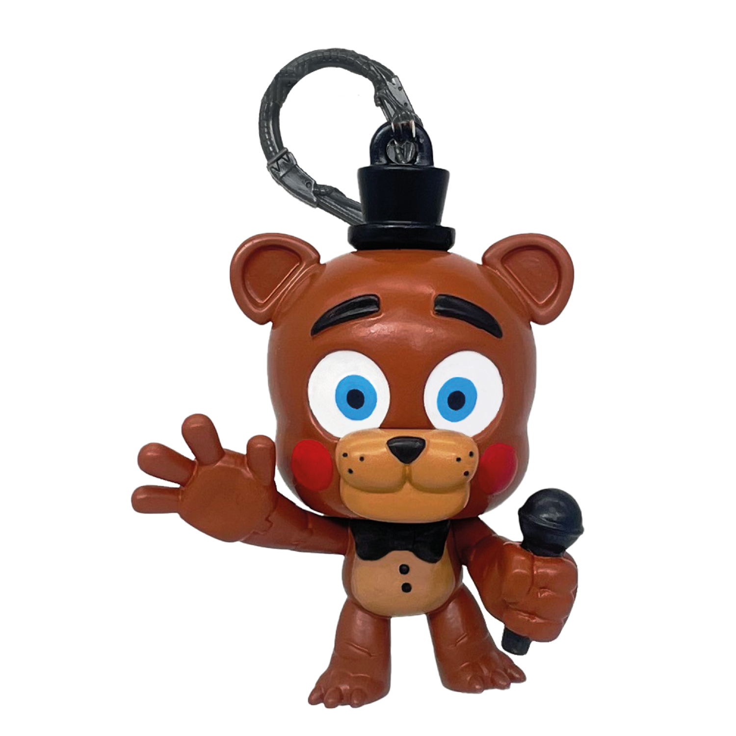 Figura de oso marrón con ojos azules, micrófono y sombrero de copa.
