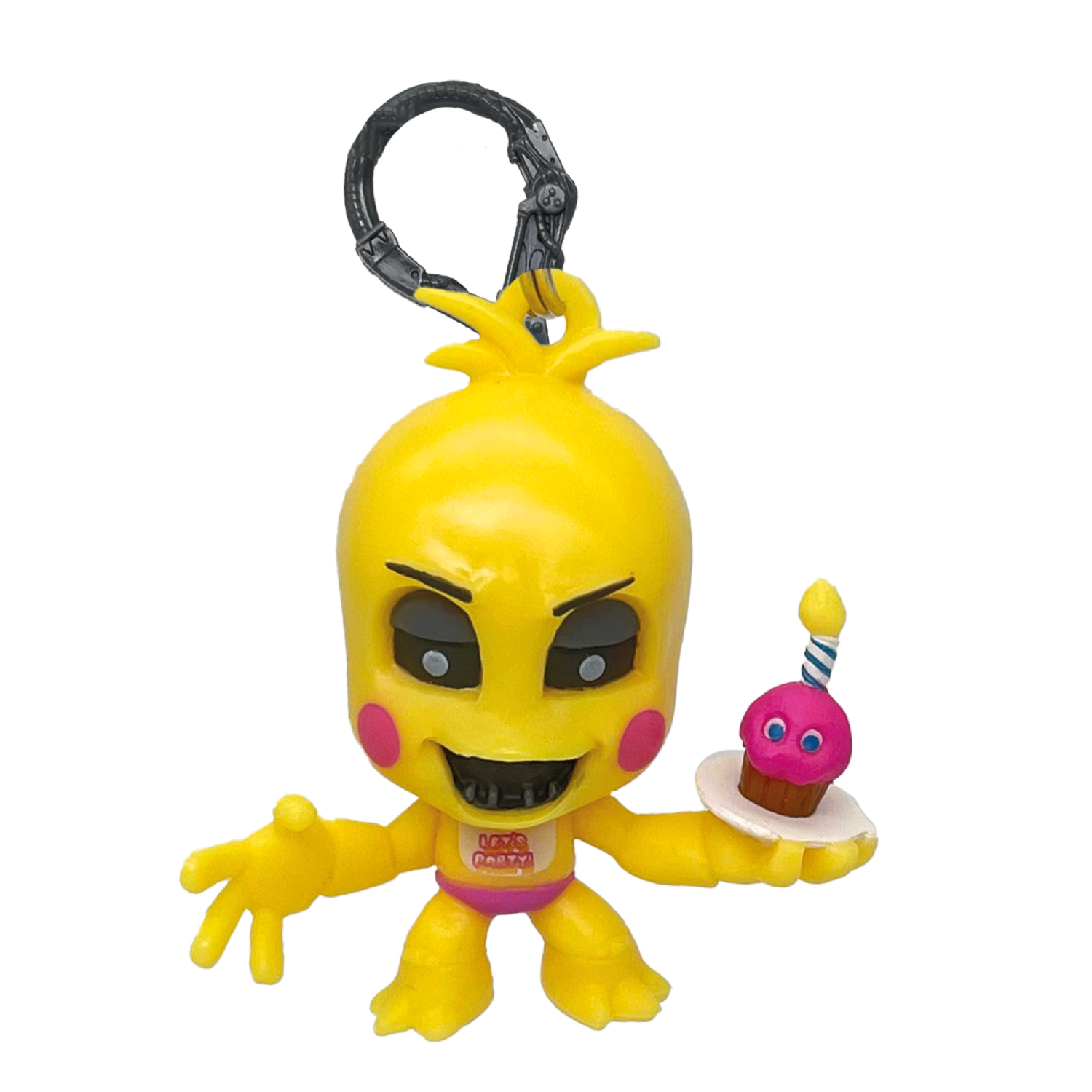 Figura amarilla con cupcake y vela, unida a un llavero.