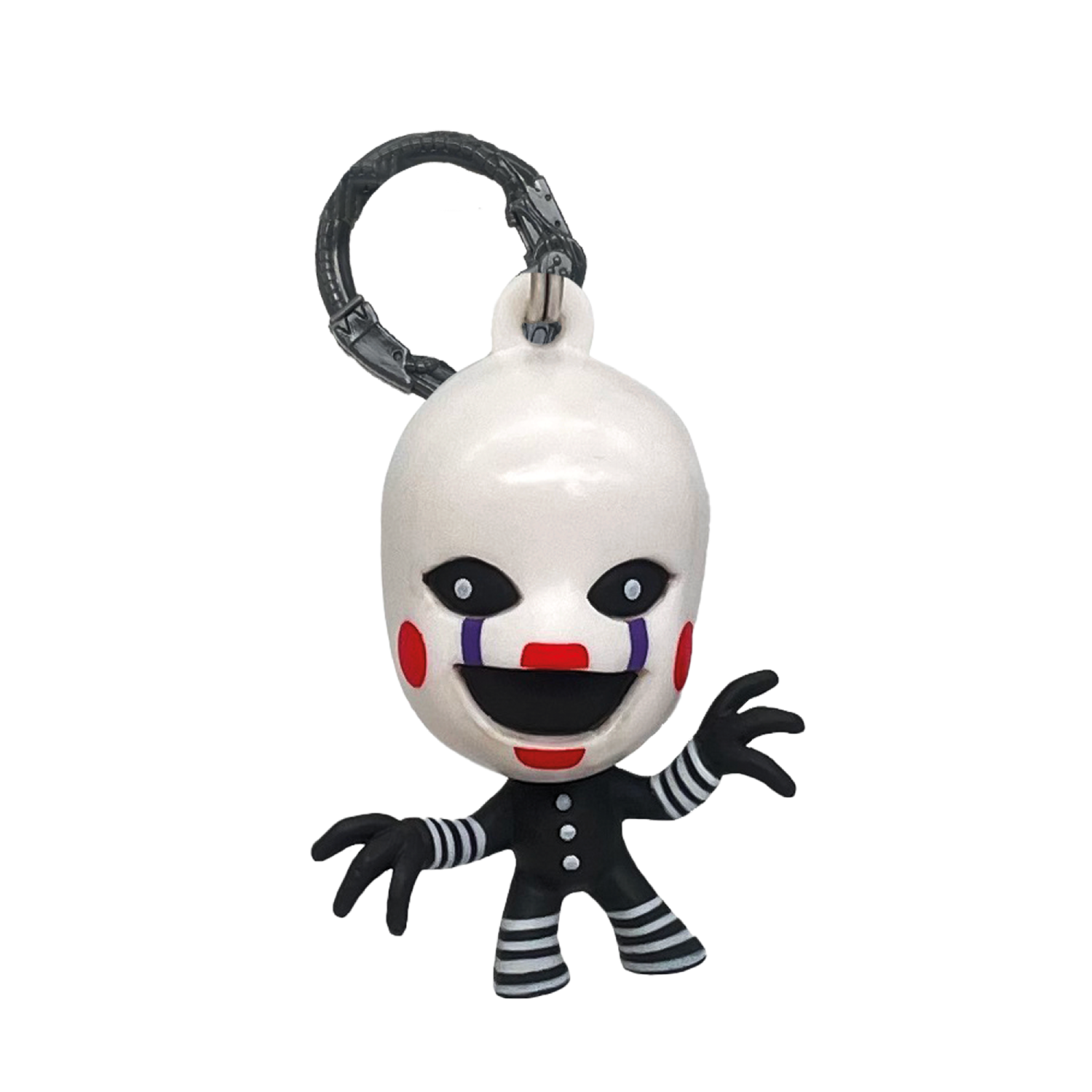Una figura de marioneta blanca con rayas negras, mejillas rojas y un llavero.