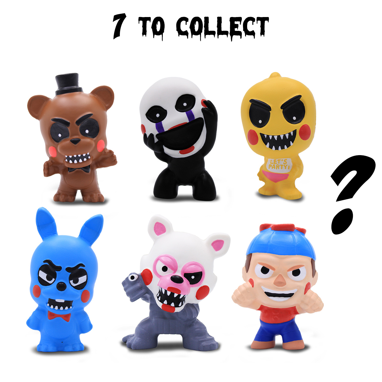 Seis figuras espeluznantes: un oso con sombrero, una marioneta, un pollo amarillo, un conejo azul, un zorro blanco y un niño.