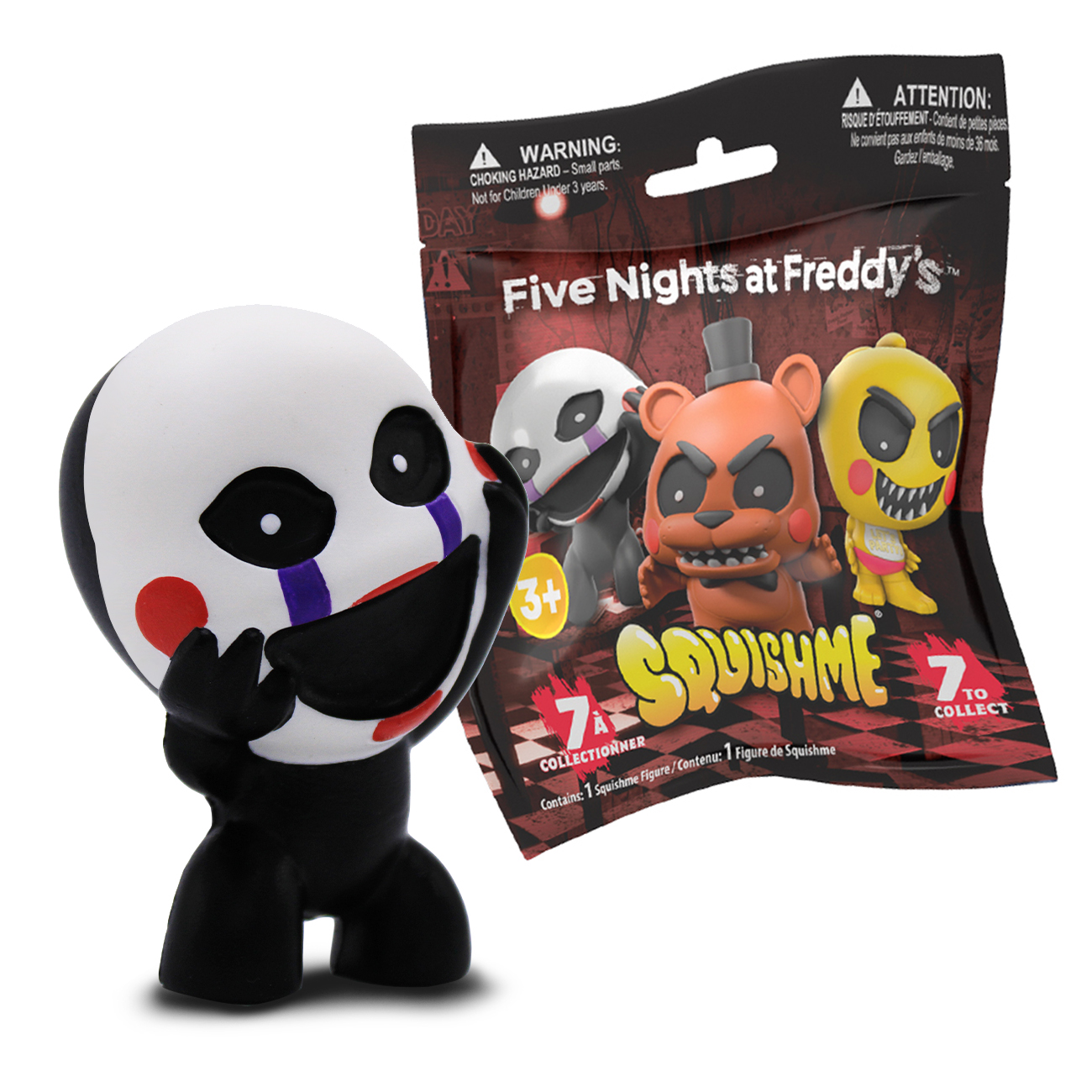 Figura de "The Puppet" de "Five Nights at Freddy's" junto a un paquete coleccionable.