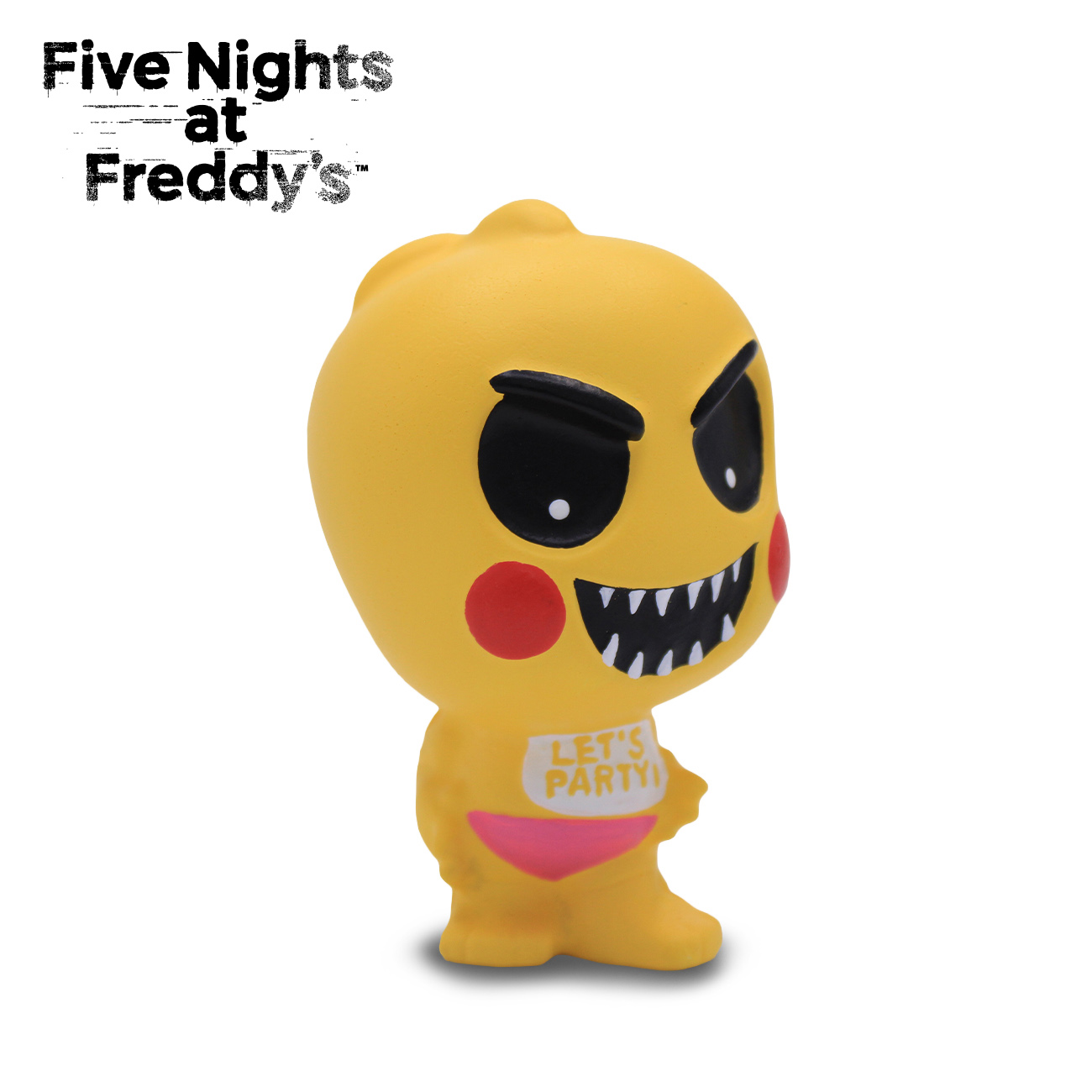 Un personaje amarillo de Toy Chica con ojos negros y una boca ancha con dientes blancos.