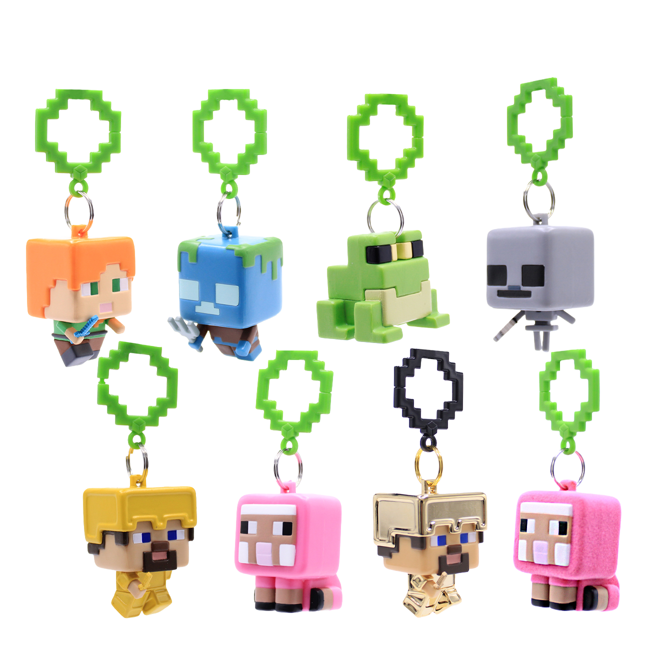 Ocho llaveros de Minecraft: Alex, Zombi, Rana, Esqueleto, Hombre Dorado, dos Ovejas.