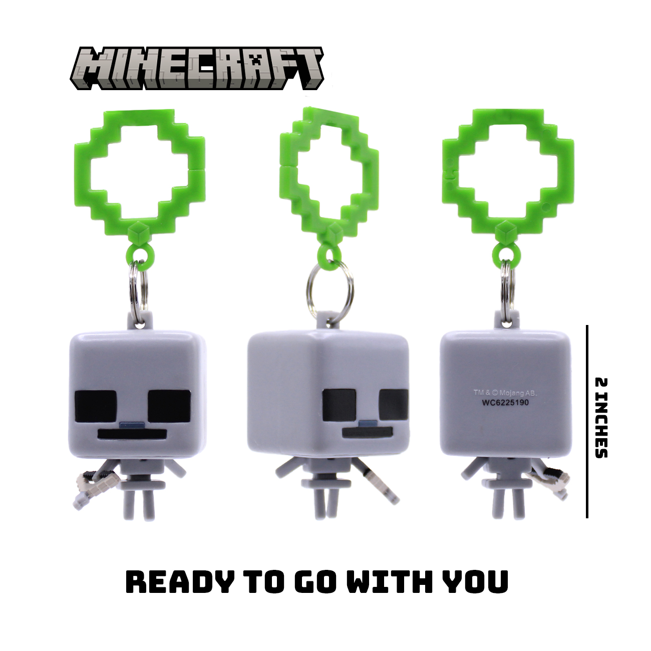 Llavero Minecraft: Esqueleto gris con anilla de píxeles verdes. Aprox. 5 cm.