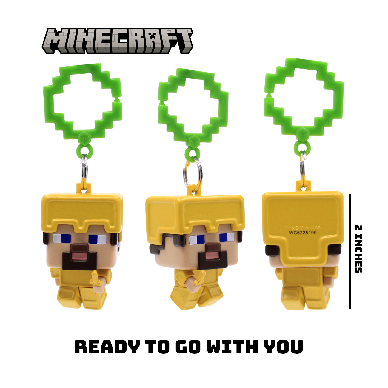 Llavero de Minecraft en amarillo con un lazo verde pixelado.
