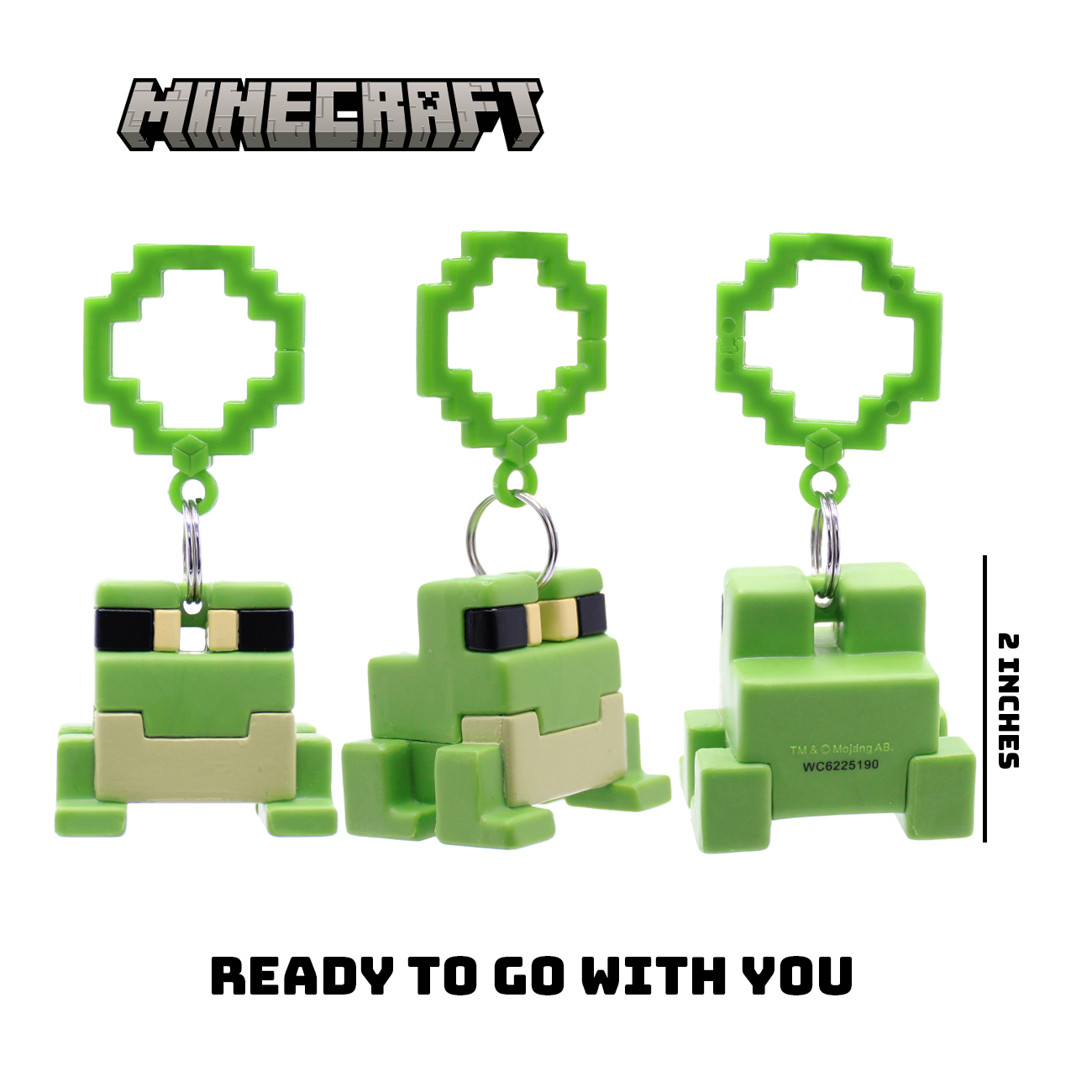 Tres llaveros de rana de Minecraft sobre fondo blanco. Dos pulgadas de alto.