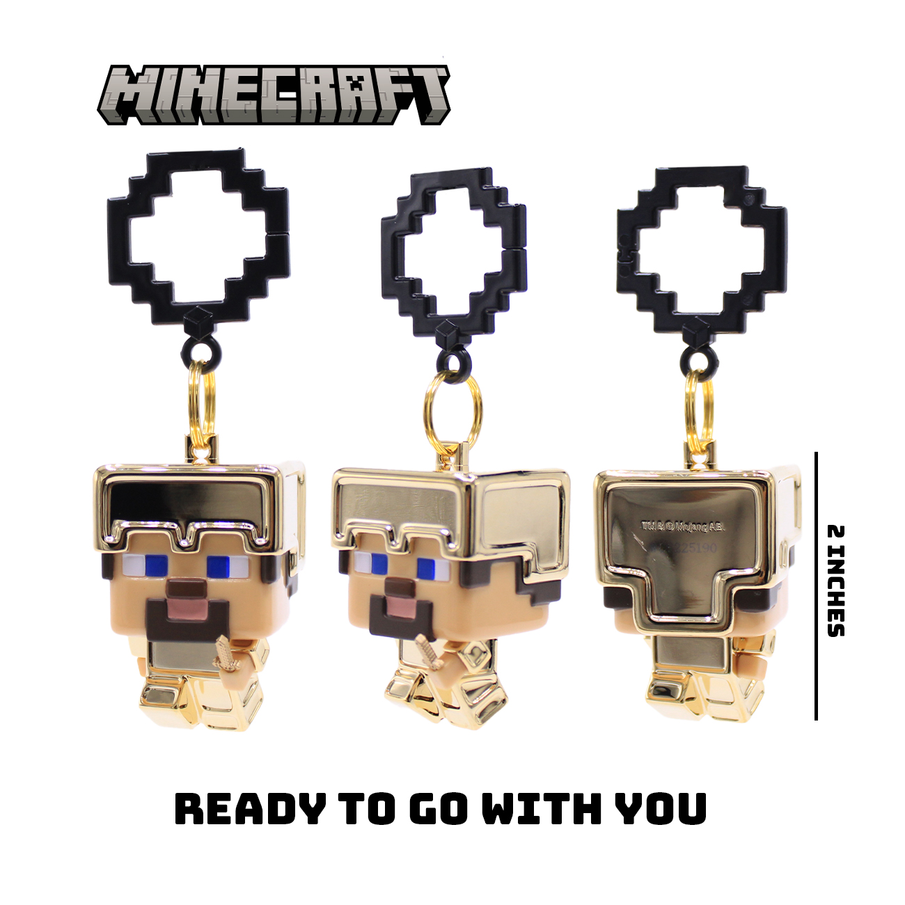 Llaveros dorados de Minecraft con cabezas pixeladas.