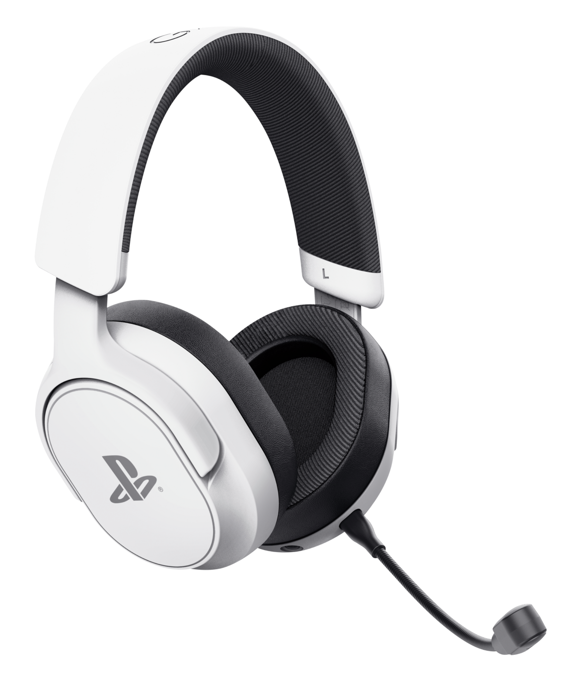Białe słuchawki gamingowe z mikrofonem i logo PlayStation.