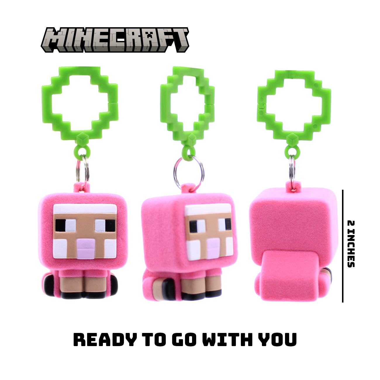 Un llavero de oveja rosa de Minecraft con clip de píxel verde.