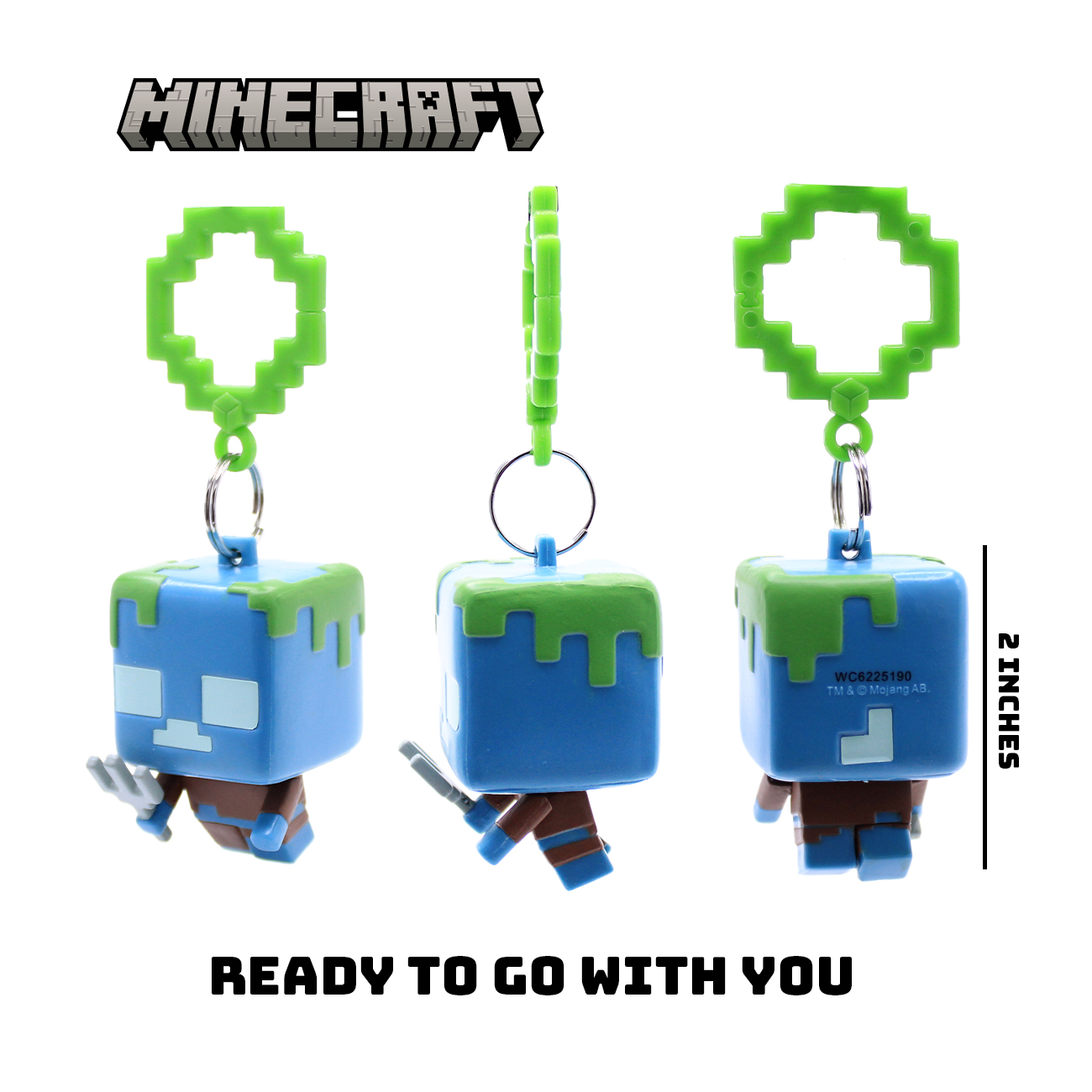 Tres llaveros de personaje de Minecraft: zombi azul, parte superior verde, con armas.