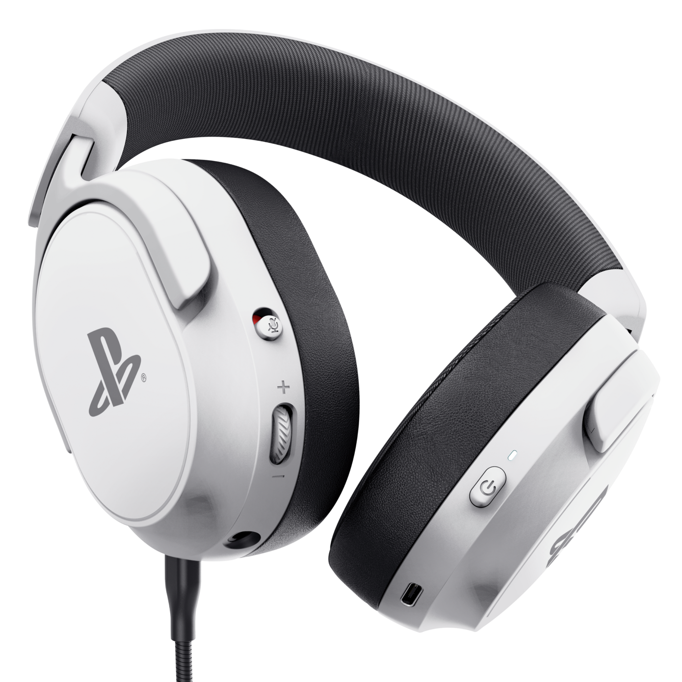 Białe i czarne słuchawki PlayStation z kablem, na czarnym tle.