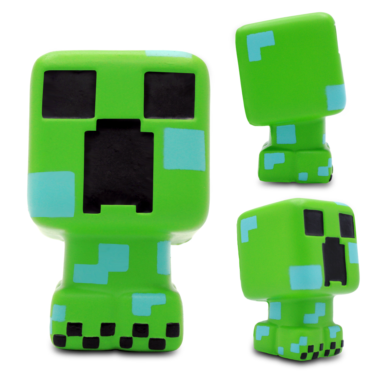 Creeper verde de Minecraft con detalles de píxeles negros y azul claro.
