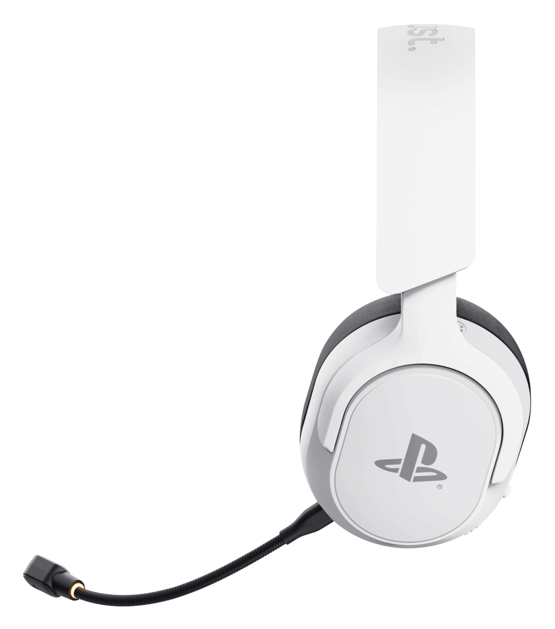 Białe słuchawki z logo PlayStation i mikrofonem na czarnym tle.