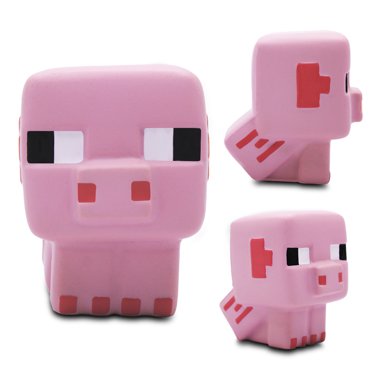 Tres figuras de cerdos rosados de Minecraft sobre fondo blanco, vistas frontal y lateral.