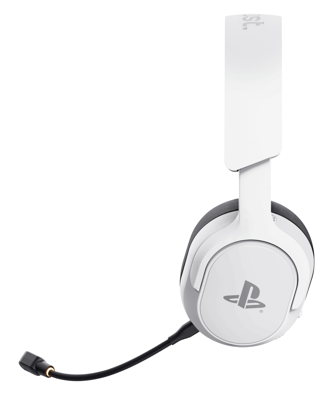 Białe słuchawki z logo PlayStation i mikrofonem na czarnym tle.