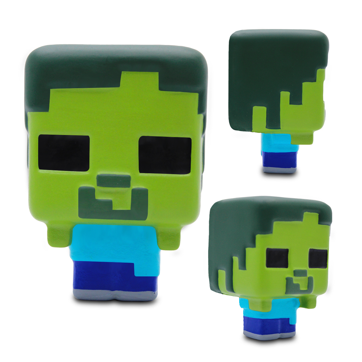 Juguete de zombi de Minecraft con cabeza verde, camisa azul y pantalones azules.
