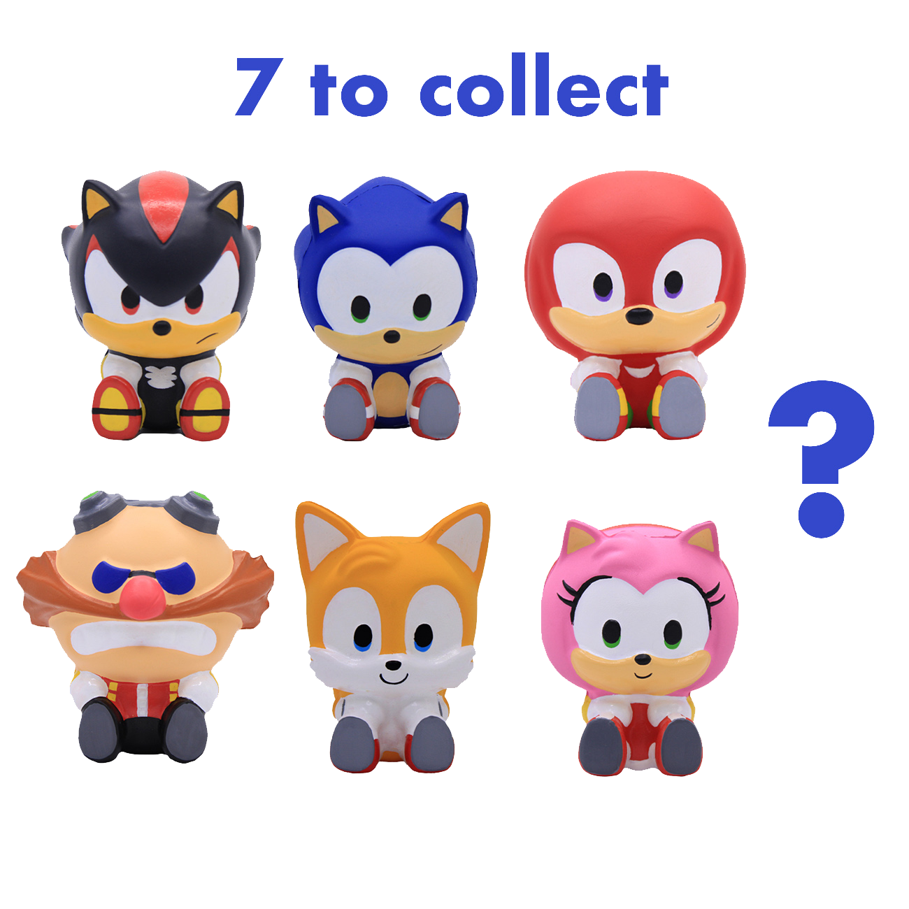 Seis personajes de Sonic: Shadow, Sonic, Knuckles, Eggman, Tails, Amy. El texto dice '7 para coleccionar'.