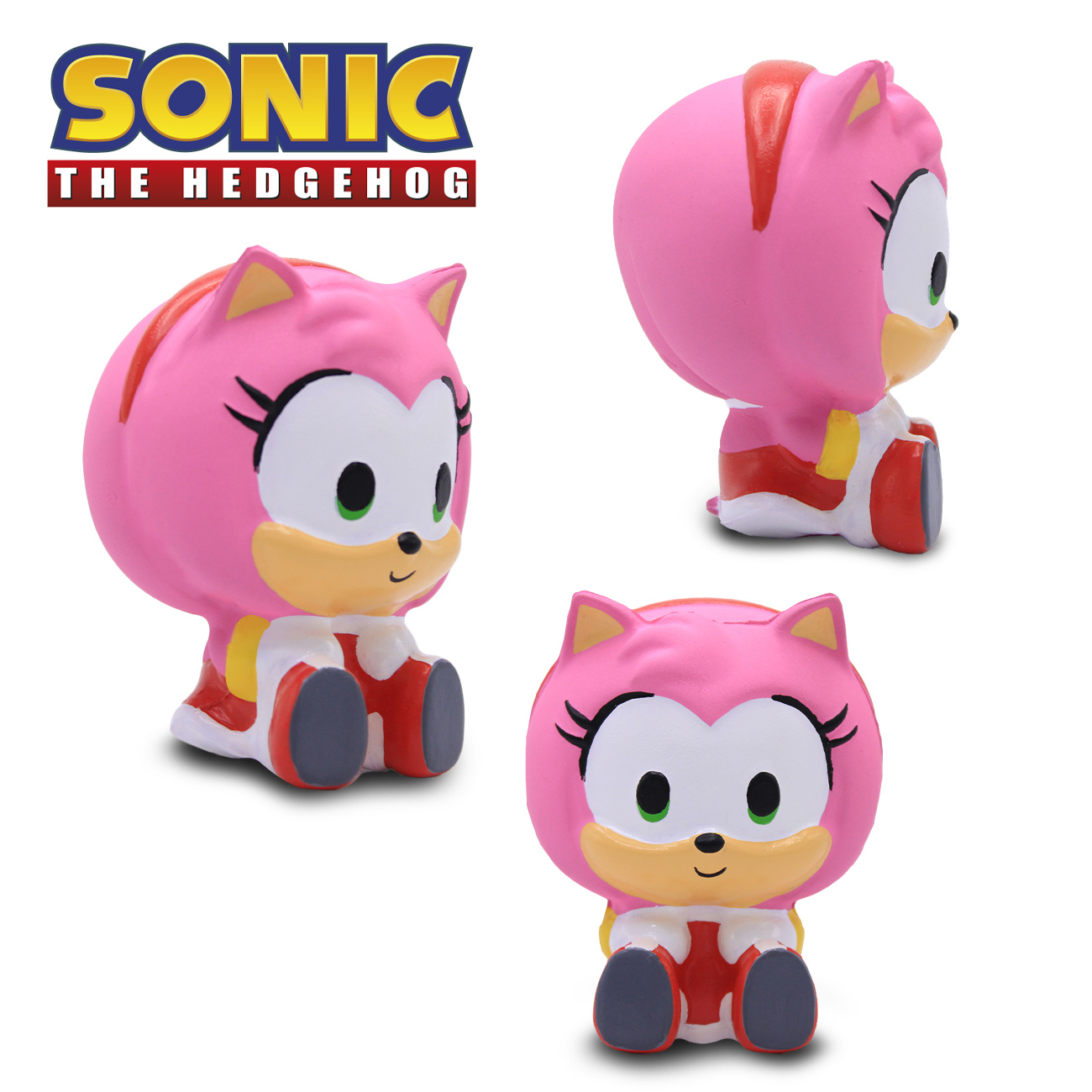 Tres vistas de una figura rosa de Amy Rose de Sonic The Hedgehog.
