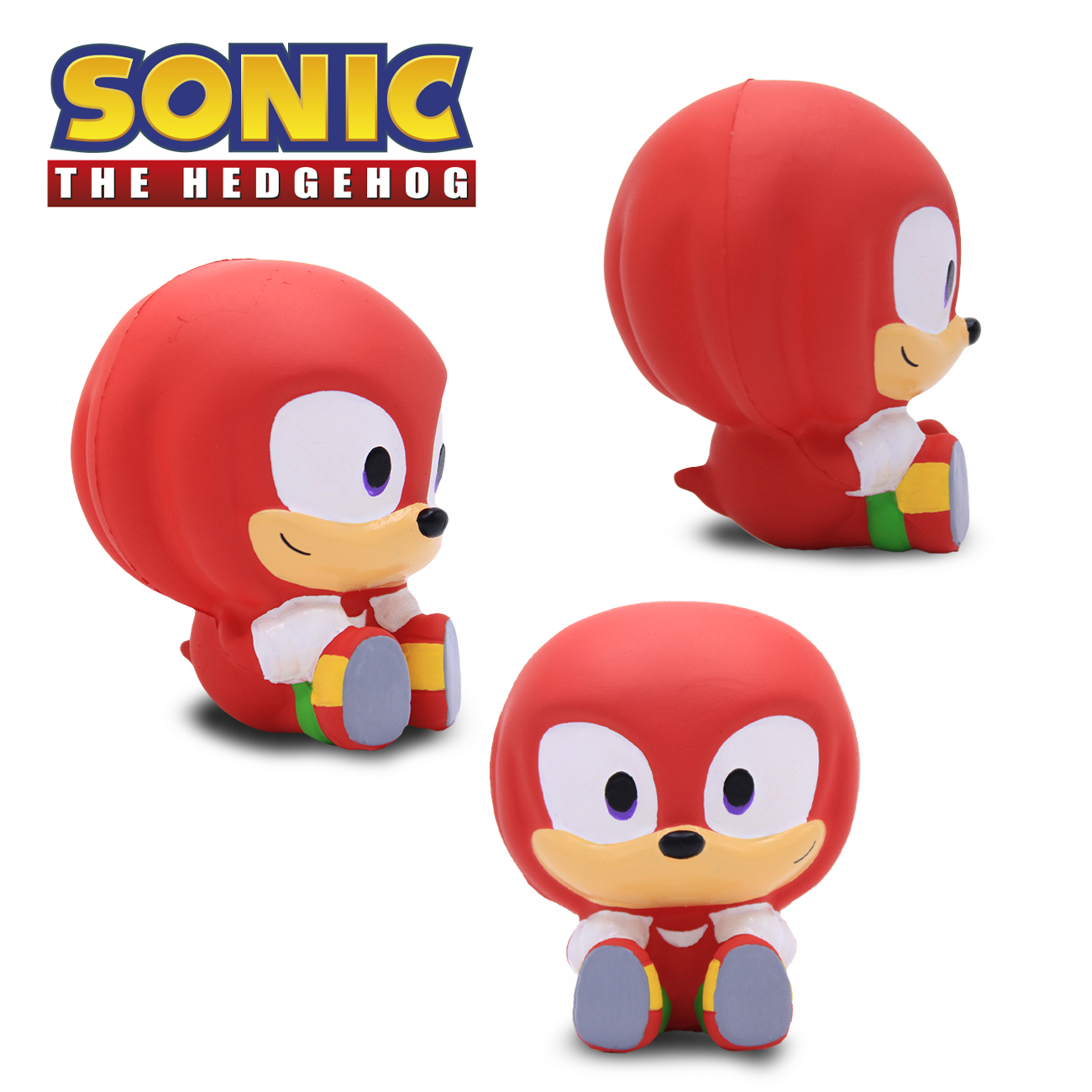 Tres figuras rojas de Sonic con ojos morados y hocicos amarillos sentadas.
