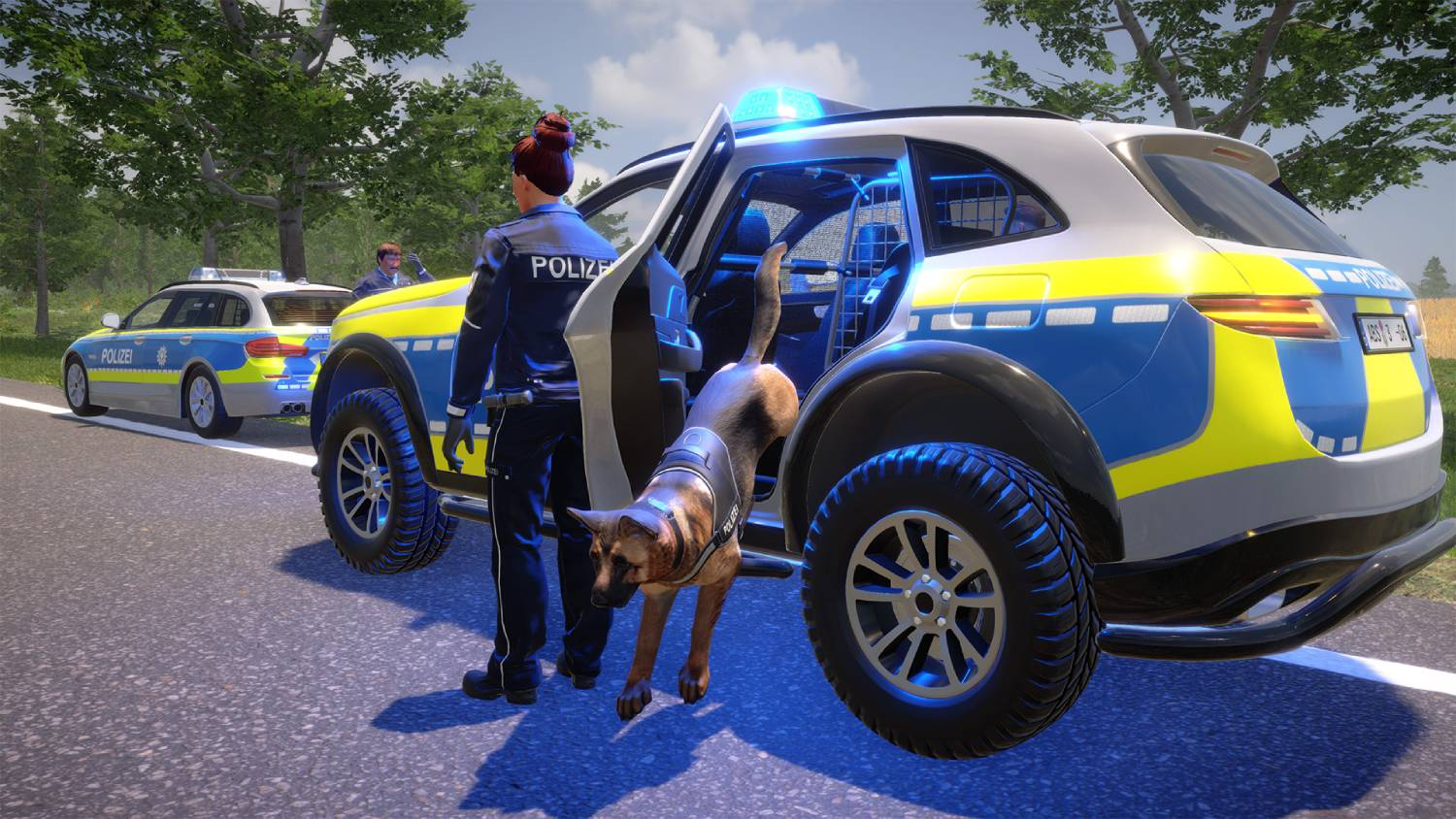 Oficial de policía con perro policía junto a coche patrulla con luces azules.