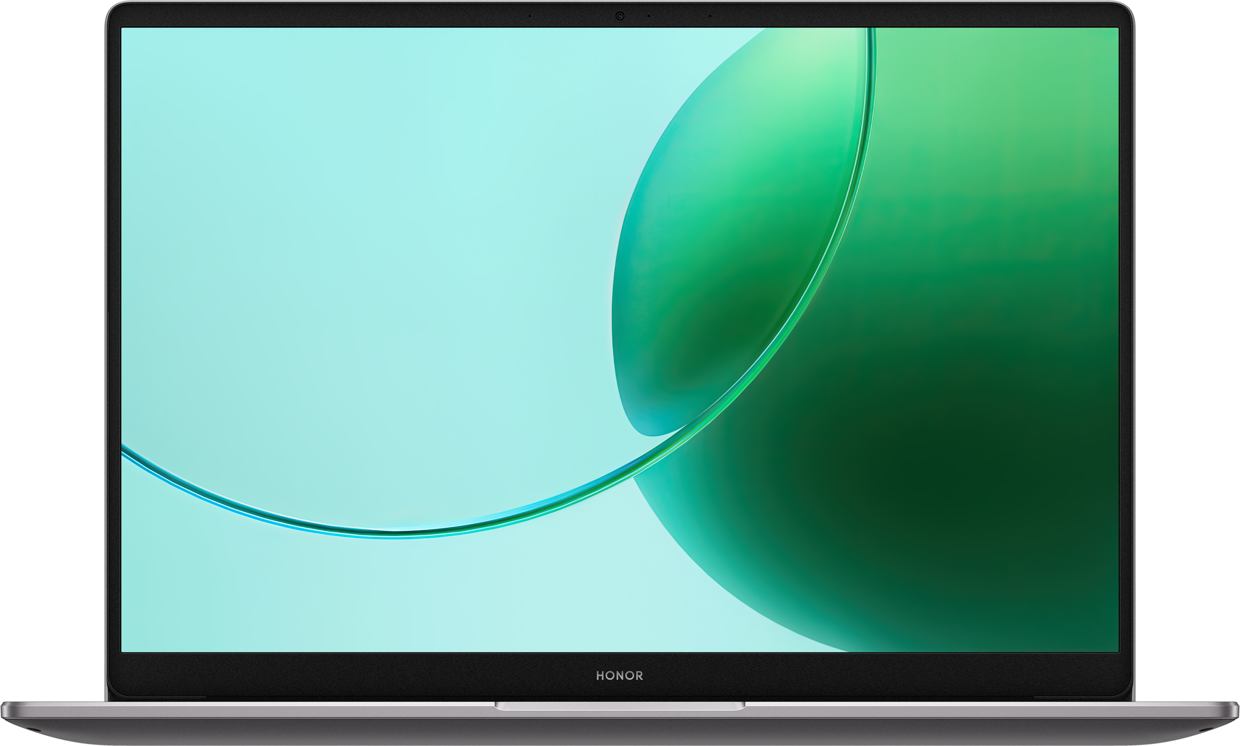 Honor laptop stilizált zöld háttérrel.