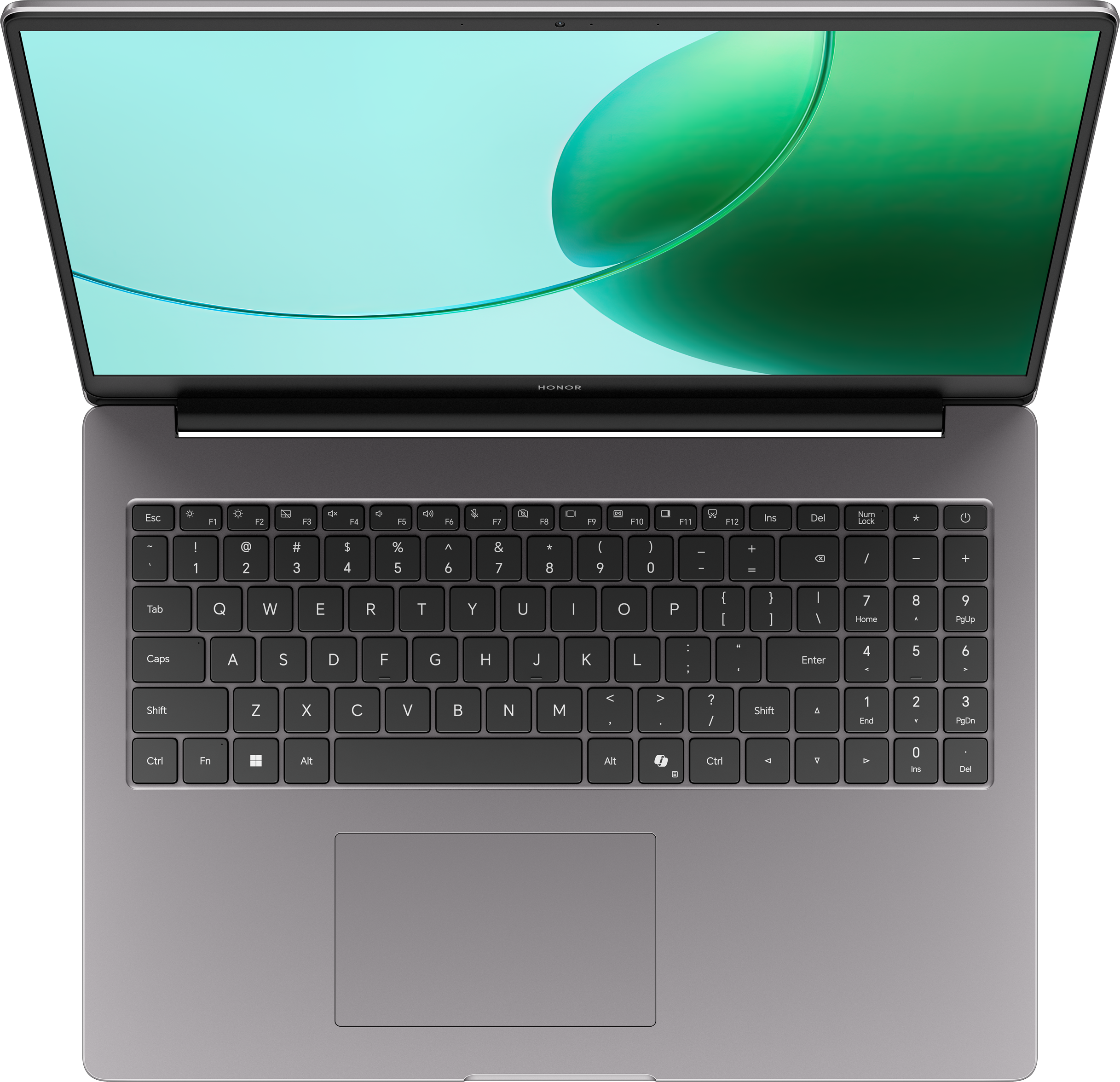 Egy szürke Honor laptop nyitott képernyővel, türkiz háttérrel.
