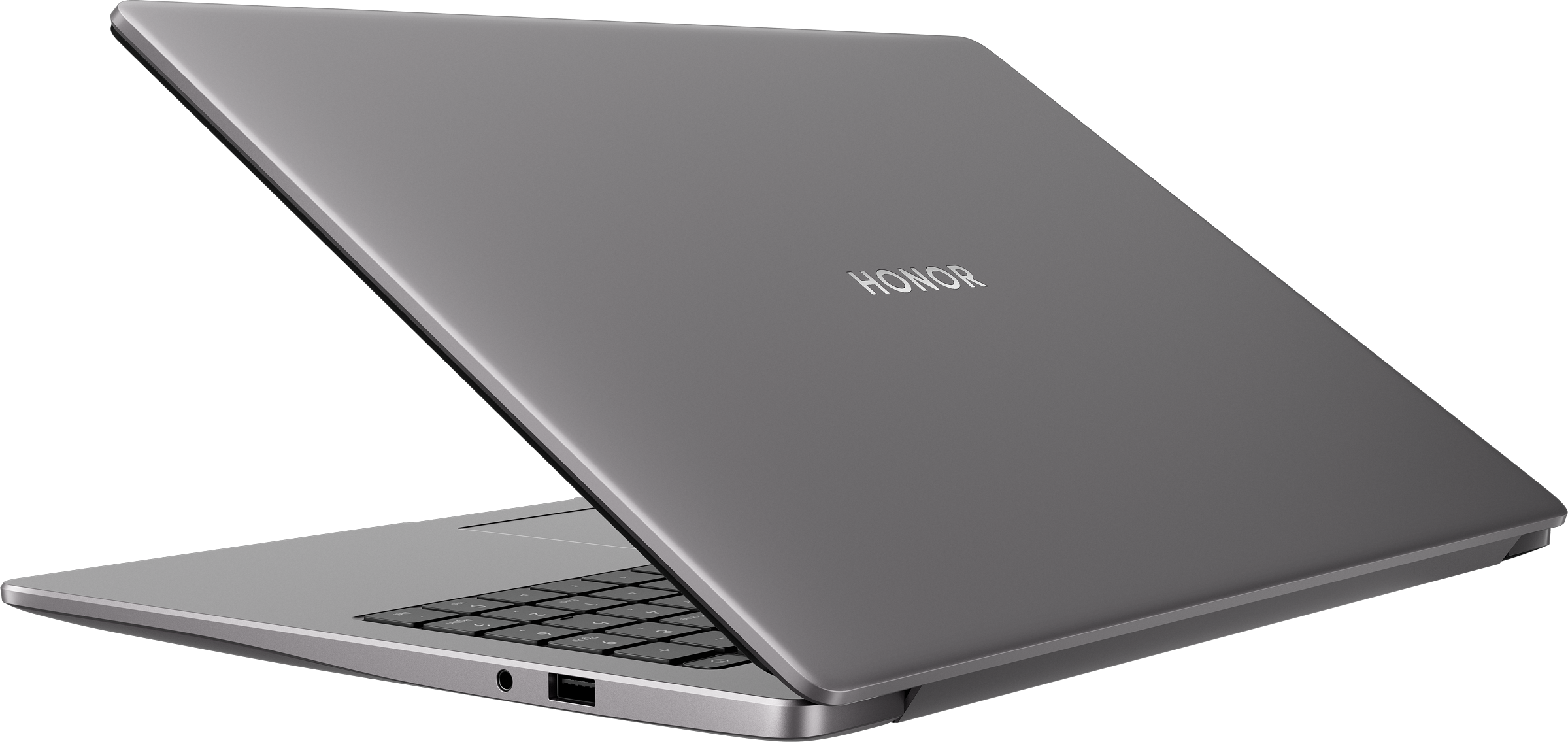 Egy szürke Honor laptop nyitott fedéllel, látható billentyűzettel és portokkal.