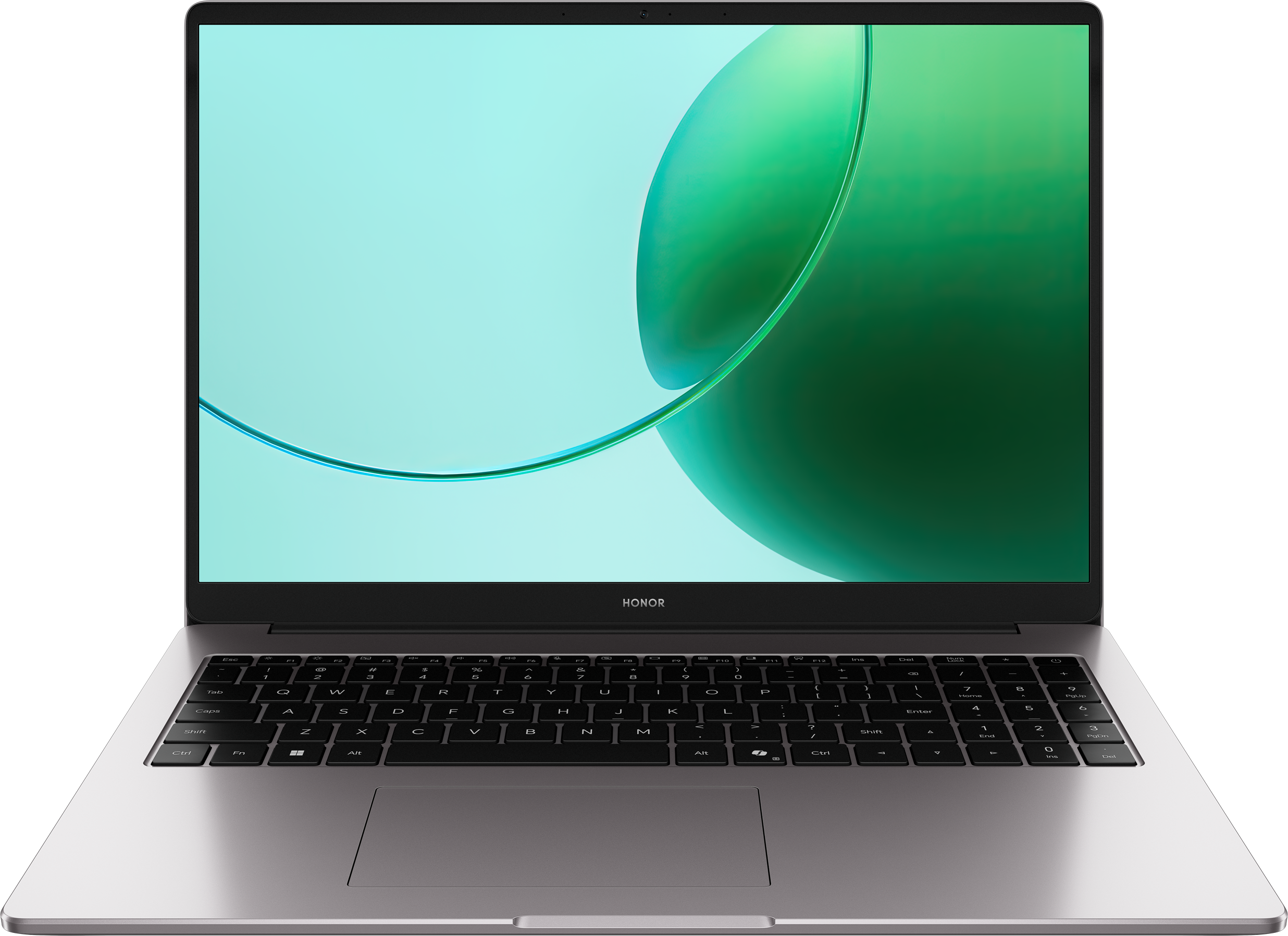 Egy nyitott ezüst laptop kék és zöld háttérképpel.