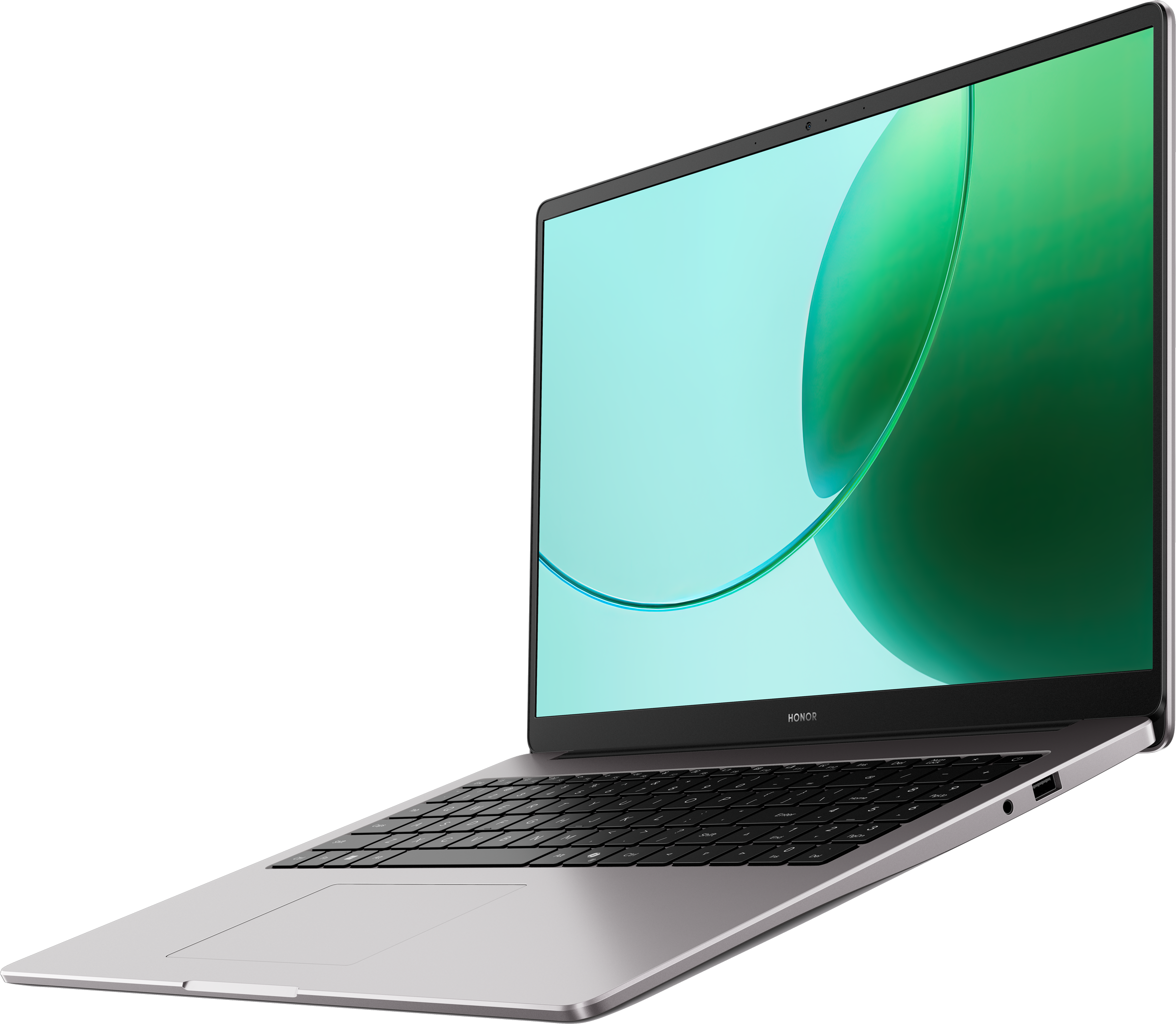Ezüst laptop háttérvilágítású billentyűzettel és zöld absztrakt háttérképpel.