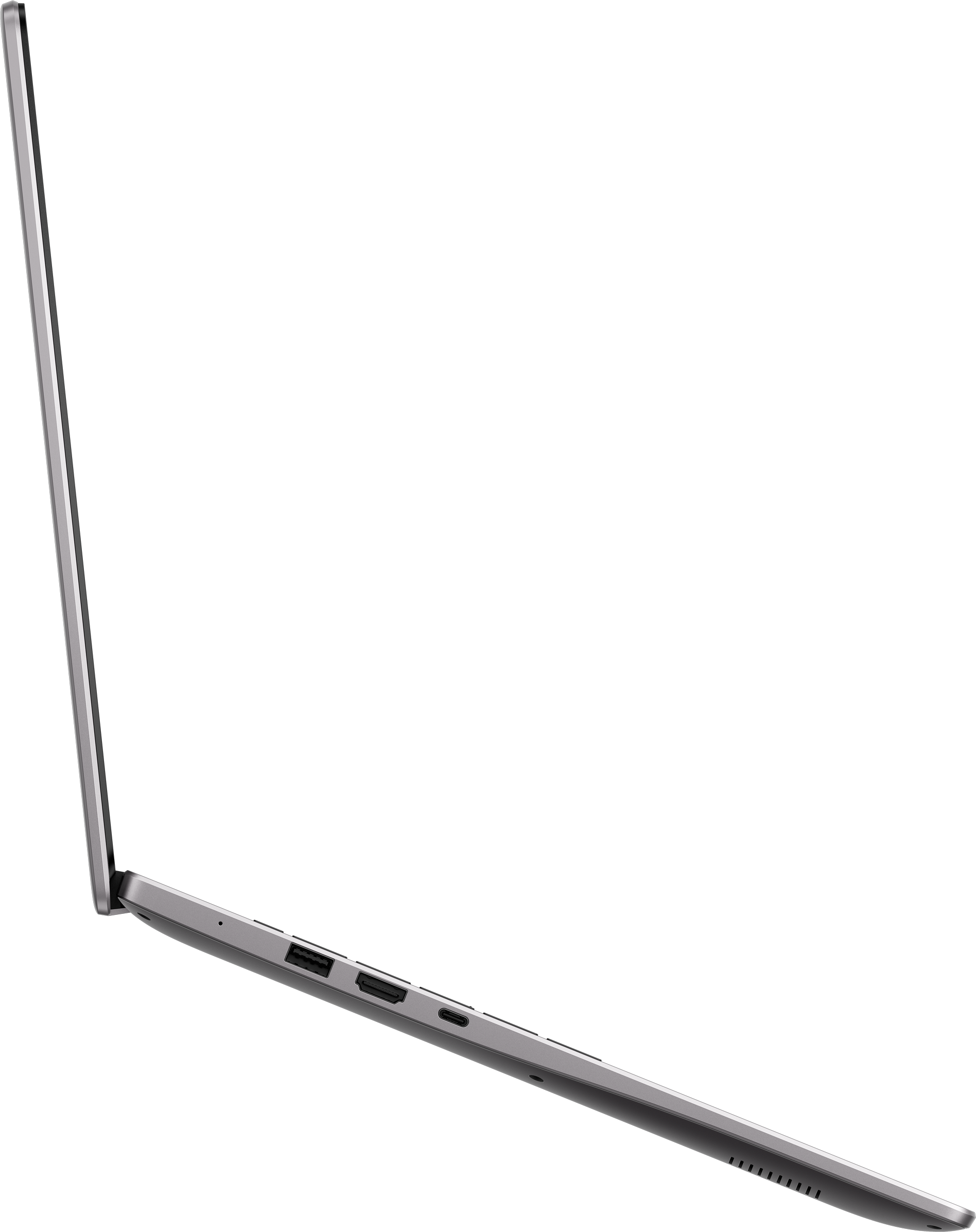 Szürke laptop nyitott profilban. Oldalt látható portok.