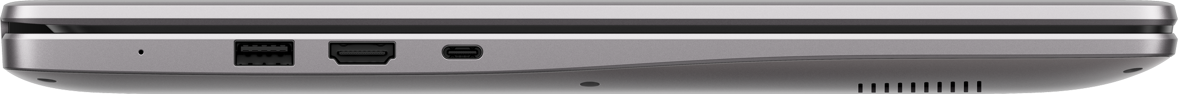 Ezüst laptop oldalnézete USB-C, HDMI és USB-A portokkal.