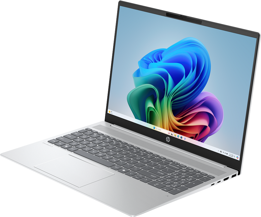 Egy ezüst laptop színes háttérképpel a képernyőjén.