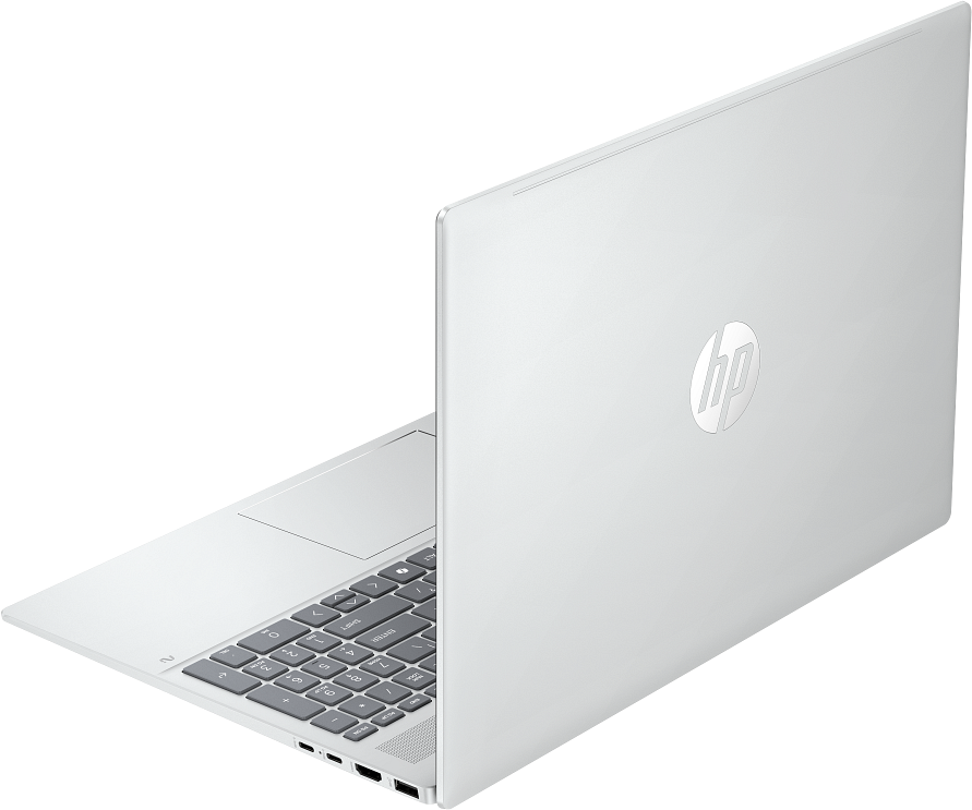 Egy fehér HP laptop billentyűzettel és érintőpaddal nyitva van.