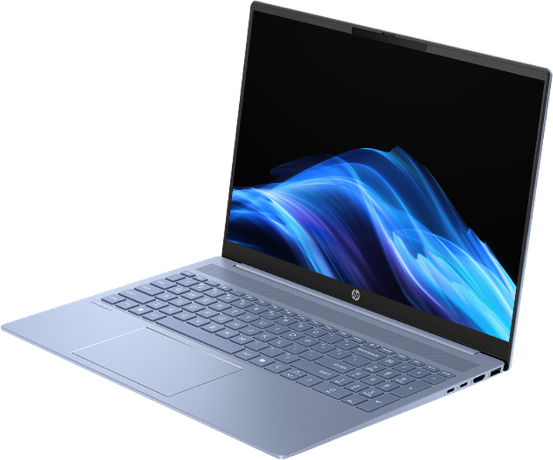 Egy világoskék HP laptop, amelynek képernyőjén absztrakt kék minta látható.
