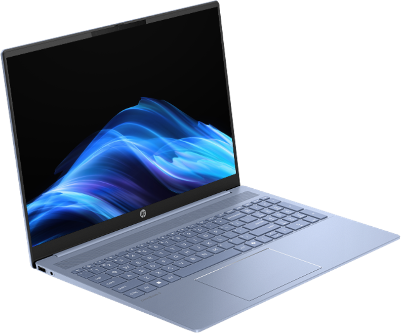 Világoskék HP laptop élénk kék absztrakt háttérképpel a képernyőn.