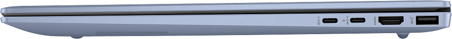 Kék laptop USB-C, HDMI és USB-A portokkal és szellőzőnyílásokkal.