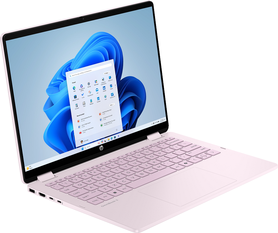 Egy rózsaszín HP laptop nyitott Windows 11 indítómenüvel.