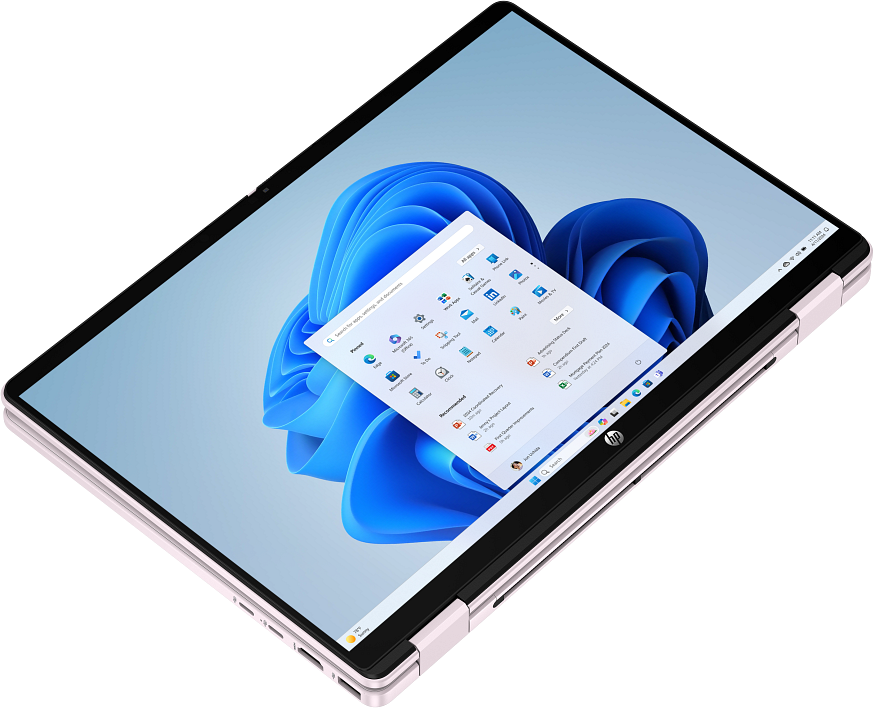 Egy rózsaszín HP átalakítható laptop Windows 11 start menüvel és kék háttérképpel.