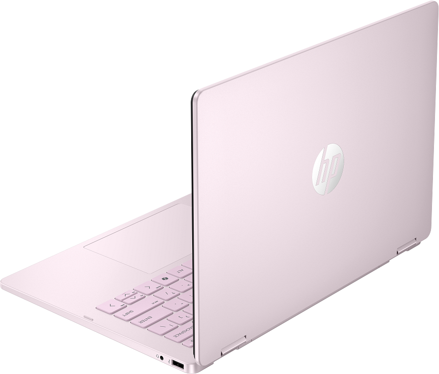 Egy világos rózsaszín HP laptop nyitva, billentyűzet és logó látható.