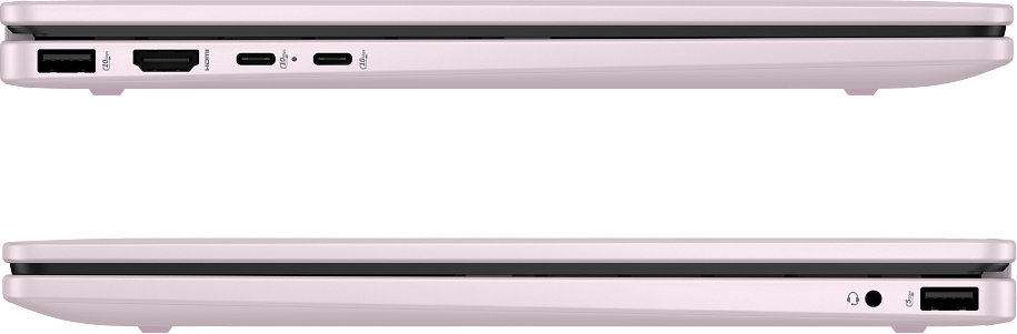 Rózsaszín laptop oldalnézet portokkal: USB-A, HDMI, USB-C, jack.