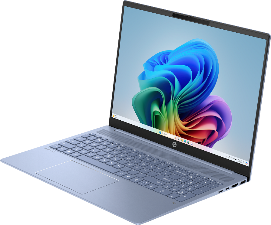 Világoskék HP laptop színes Windows háttérképpel.