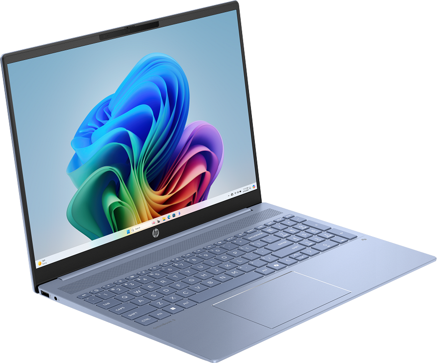 Világoskék laptop színes, absztrakt háttérképpel a képernyőn.