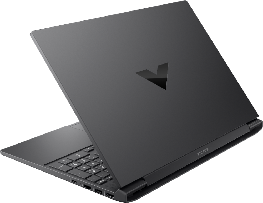 Egy zárt, szürke laptop V logóval a fedelén.